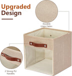 Storage Cube Organizer with Clear Window, Linen Collapsible Storage Boxes with PU Handles, Cube Storage Bins for Shelf, Closet, Cabinet, Bookcase (10.5x10.5x11, Khaki)