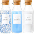 Glass Laundry Detergent Dispenser Set with Cork Lids, Fabric Softener Dispenser, Easy Pour 3 Pack Laundry Bottles, Liquid Detergent Containers, Scent Booster & Bleach Container for Laundry Room