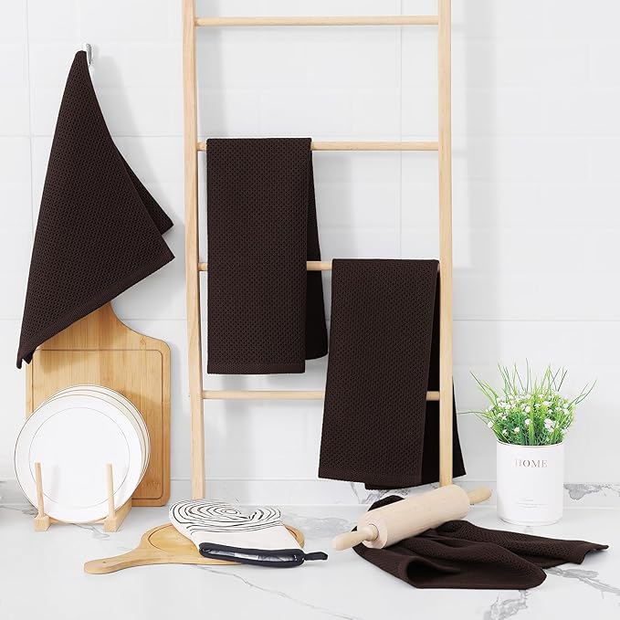 Homaxy 100% Cotton Waffle Weave Kitchen Dish Towels, Ultra Soft Absorbent Quick Drying Cleaning Towel, 13 x 28 Inches, 8-Pack, Dark Brown