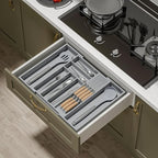 Bamboo-Silverware-Drawer-Organizer-Kitchen, Expandable Utensil Holder Cutlery Tray Flatware Organization Adjustable Wood Tableware Dividers Storage (with Removable Knife Block)(Grey)