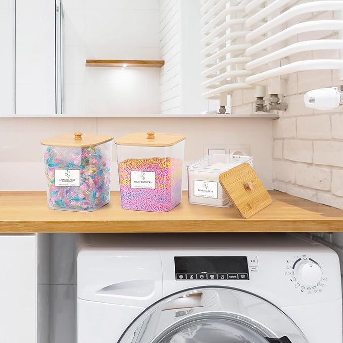 Tbestmax 3 Pack Laundry Room Organization Storage Containers, Clear Laundry Pod Containers and Dryer Sheet Holder Set with Lids and Labels for Detergent, Powder, Dryer Balls, Beads