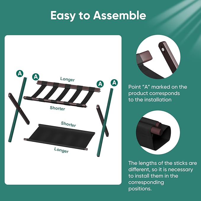 Smuxee Brown Bamboo Luggage Rack Pack of 2, Foldable Suitcase Stand with Storage Shelf, Easily Assembled Luggage Stand with 5 Nylon Straps for Guest Room Bedroom Hotel