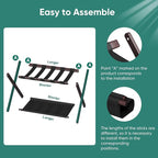 Smuxee Brown Bamboo Luggage Rack for Guest Room, Foldable Suitcase Stand with Storage Shelf, Easily Assembled Luggage Stand with 5 Nylon Straps for Guest Room Bedroom Hotel