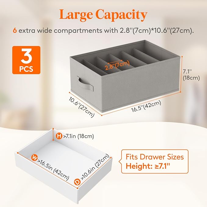Lifewit 3 Pack Clothes Organizer, 6 Grids Closet Jean Storage Bins with Handles and Support Boards, Foldable Drawer Organizer for Sweater, Pants, T-shirt, Dress, Grey, Size 16.5''x10.6''x7.1''