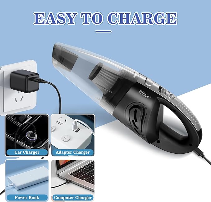 Car Vacuum Portable Cordless, Handheld Vacuum Cleaner High Power for Wet and Dry, USB Rechargeable Lightweight Cordless Vacuum, 0.45L Capacity Storage Bag,for Car/Stairs/Pet Hair(Black Silver)