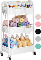 3 Tier Rolling Cart Metal with Wheels, Heavy Duty White Three Tiered Craft Cart Organizer on Wheels, Utility Roller Storage Carts for Art, Baby Nursery, Diaper Caddy, Snack,Book,Nail,Cleaning Supplies