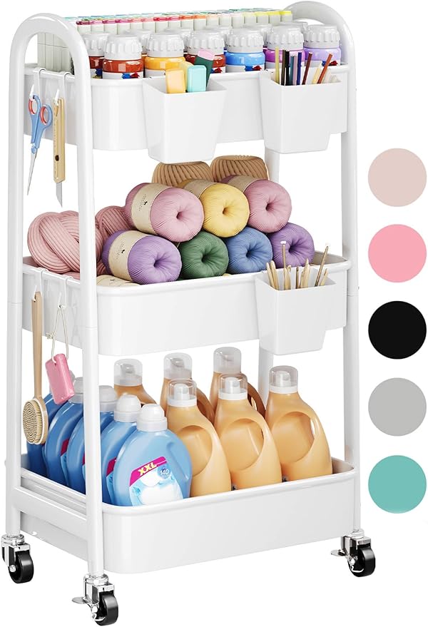 3 Tier Rolling Cart Metal with Wheels, Heavy Duty White Three Tiered Craft Cart Organizer on Wheels, Utility Roller Storage Carts for Art, Baby Nursery, Diaper Caddy, Snack,Book,Nail,Cleaning Supplies