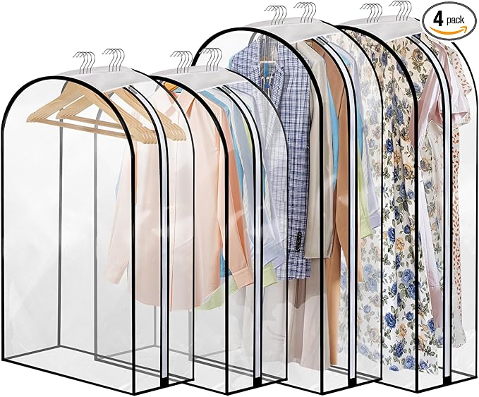 Dntorx 4 Pack Full Clear Garment Bags with Side Zipper, 40&60" Clothes Covers with 10" Gusset, Transparent Hanging Suit & Coat Covers for Closet Storage, Jackets, Dresses, Windbreakers