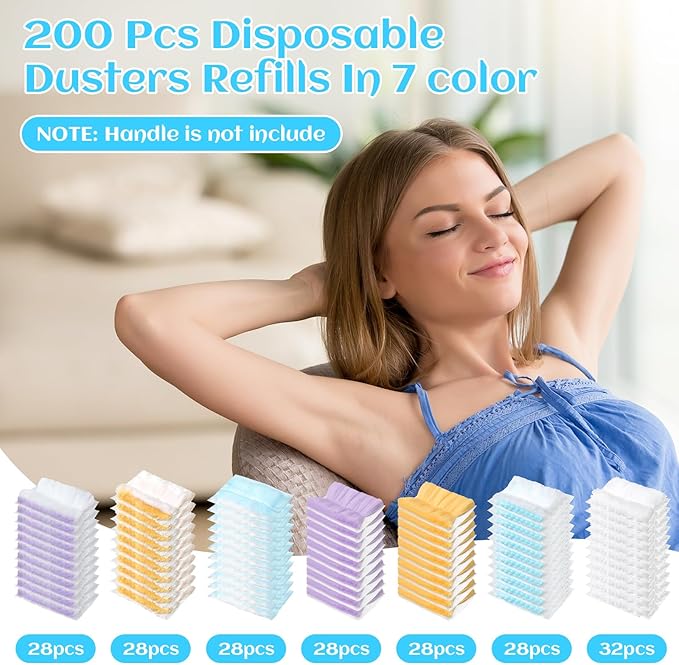 200 Pcs Disposable Dusters Refills Bulk Heavy Duty 180° Multi Surface Replacement Dusters for Cleaning Ceiling Fan with Microfibers Unscented (Bright Colors)