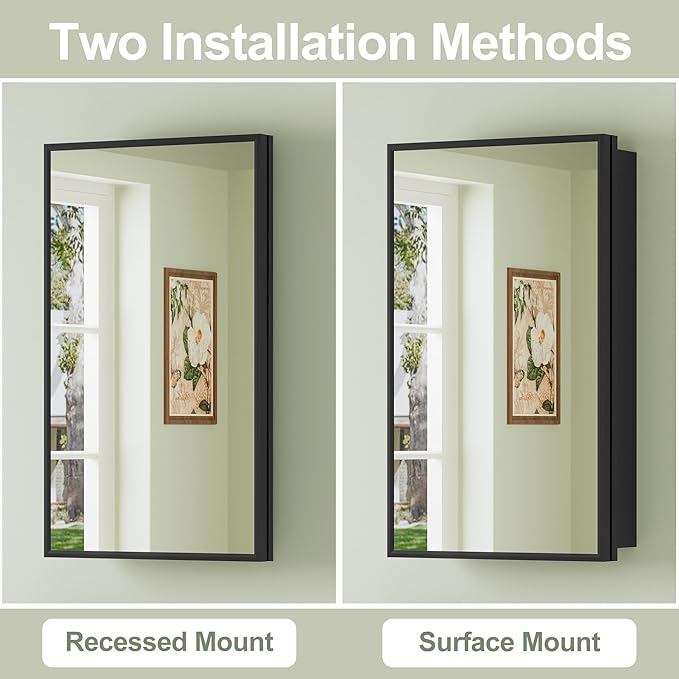 Buruis 14"x 24" Framed Medicine Cabinet with Mirror, Recessed or Wall Mounted Bathroom Cabinet, Adjustable Tempered Glass Shelves, Left/Right Open Reversible, No Assembly Required, Black