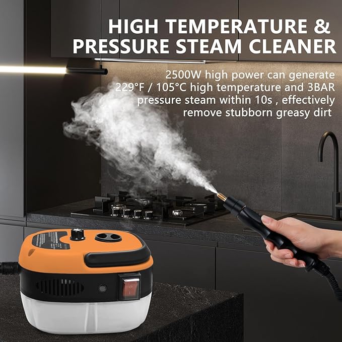 Handheld Steam Cleaner, 2500W Pressurized Steam Cleaner with 3 Brush Heads, Portable Steam Cleaner for Home, Car, Furniture, Kitchen, Bathroom and Wall, Orange