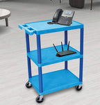 LUXOR HE34-BU Utility Cart - 3 Shelves Structural Foam Plastic, Four 4" Casters, Two with Locking Brake, Ergonomic Push Handle, 24"W x 18"D x 34"H, Offices, Classrooms