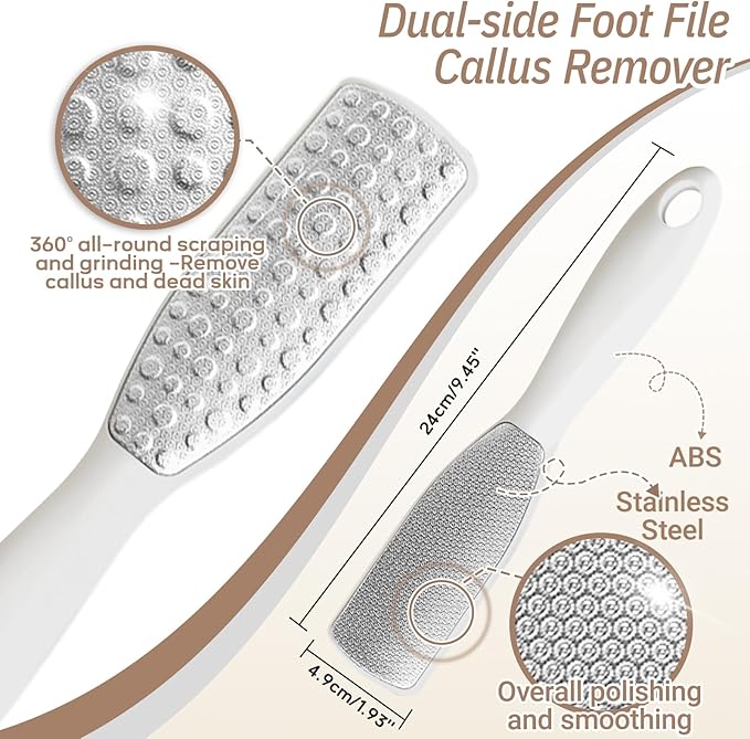 New Foot Brush & Foot Files Set(3PCS), 3-IN-1 Foot Scrubber with Long Handle, 10.2’’-27.5’’Adjustable Foot Scrub Brush and 2 Upgrade Foot File Callus Remover, Gift-Box Packed(White+2*Foot File)