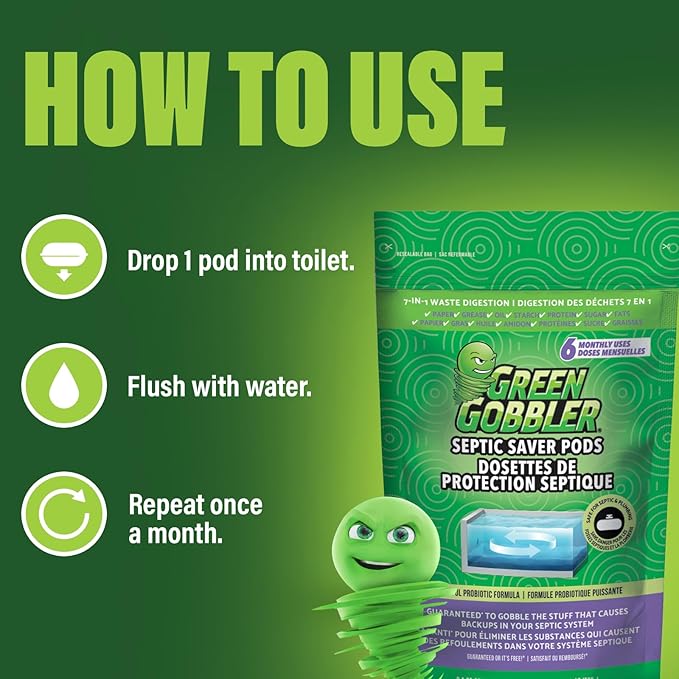 Green Gobbler Septic Tank Treatment Packets - Natural Bacteria to Prevent Costly Septic Issues, Back-Ups, Foul Odor (24 Pods) Pod: Color May Vary