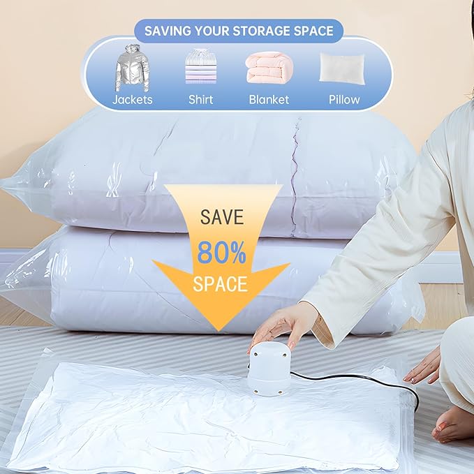 12 Pack Vacuum Storage Bags with Hand Pump, (3 Small, 3 Medium, 3 Large, 3 Jumbo) Vacuum Seal Bags for Clothing, Space Saver Bags for Travel, Luggage Compression Packing