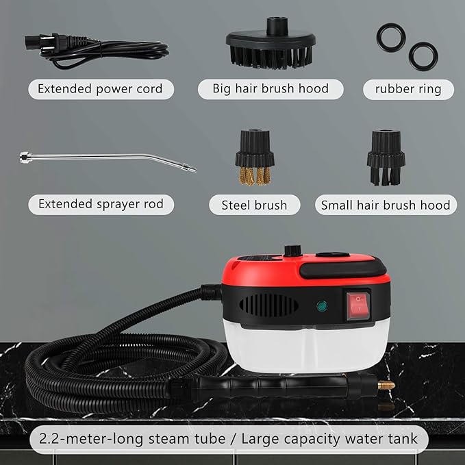 Handheld Steam Cleaner, 2500W Pressurized Steam Cleaner with 3 Brush Heads, Portable Steam Cleaner for Home, Car, Furniture, Kitchen, Bathroom and Wall, Red