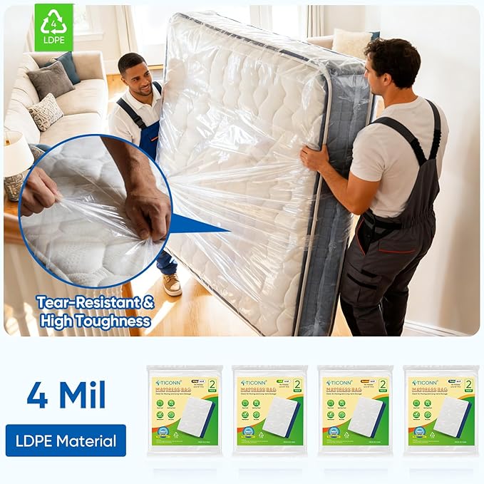 TICONN 2PK Plastic Mattress Bag for Moving Storage, Waterproof Mattress Protector Cover, Heavy-Duty Mattress Moving Supplies (4 mil, Twin)