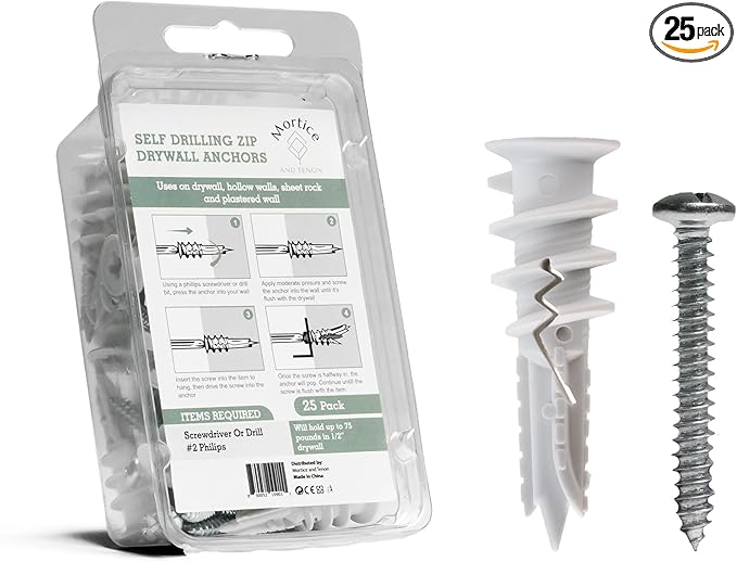 Premium Nylon 66 Self-Drilling Drywall Anchors & Screws kit | Hang Cabinets, Tv Wall Mount, Pictures, Towel Racks | 25#8X 1-1/4 Philips Screws and 25 Nylon Anchors | Holds 90lbs