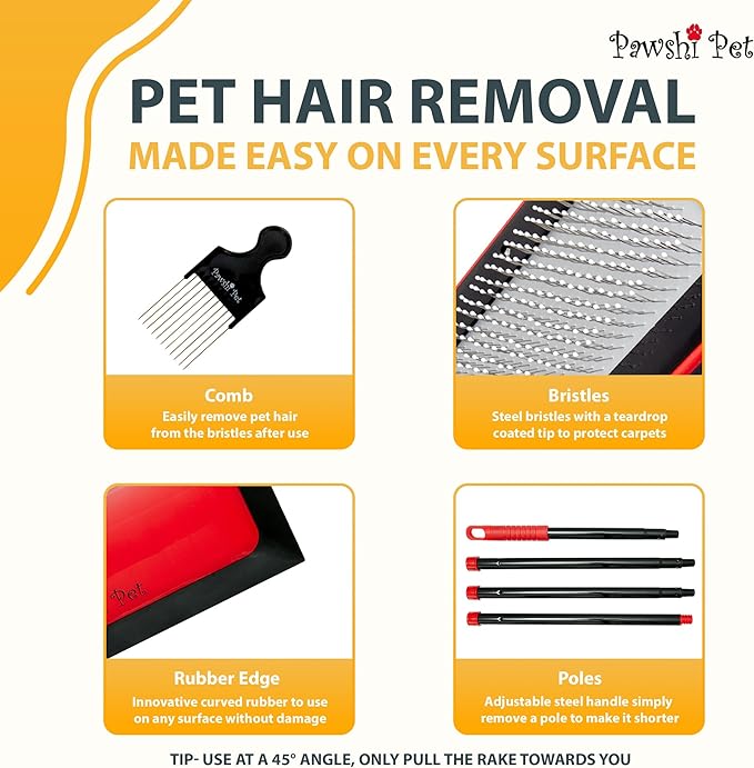 Dog Hair Carpet Rake – Cat and Dog Carpet Hair Removal Tool with Flex and Grab Bristles and Tri-Flex Rubber Edge – Adjustable Handle for Easy Fur Removal on Stairs Furniture Pet Beds Cat Towers