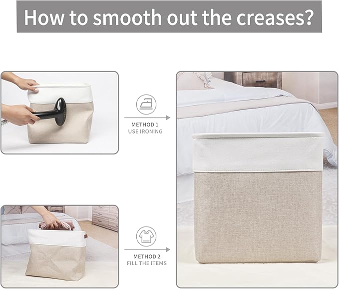 13x13 Cube Storage Bins, Collapsible Fabric Storage Box, 4 Pack Closet Baskets with Handles for Organizing, Shelf, Toys, Clothes, Home, Office, Nursery (Beige&White)