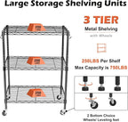 WDT 3-Tier Storage Shelves, Heavy Duty Metal Shelves Wire Rack Shelving Unit, Adjustable Shelf with Wheels for Home Office Garage Kitchen Bathroom, 24" D x 14" W x 32" H