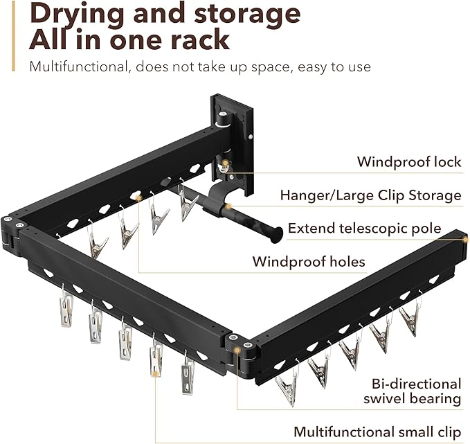 Wall Mounted Clothes Hanger, Aluminum Clothes Drying Rack, Space Saver, Retractable, Windproof Holes, with Clips