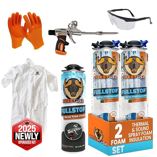 BEEST FullStop Spray Foam Insulation Kit for Walls and Attic - 40 Board ft/sq.ft. Perfect Heat & Acoustic Insulation for Reduced Energy Bills - 2X Spray Foam Can, 1x Cleaner, 1x Pro Gun & Safety Gear