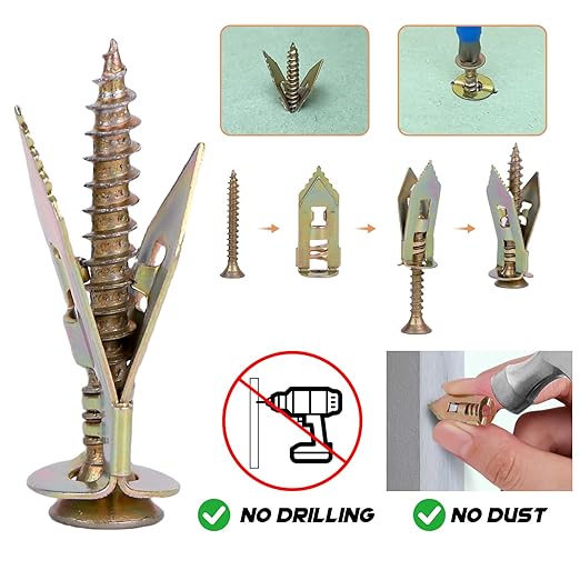 200P Self Drilling Drywall Anchors Screws Kit, 100 Anchors and 100 Screws for Heavy Duty, Upgraded Zinc Plated Steel,No Drill Needed,Perfect for TV, Bike, Shelf Straps, Cabinet & Fixing Curtains (200)