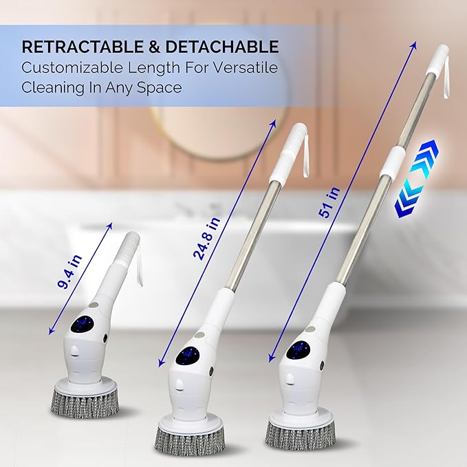 Electric Spin Scrubber, Cordless Power Brush with 8 Multi-Functional Heads, 3 Adjustable Speeds, IPX7 Waterproof, LED Display, Long Handle (13.8"-51"), Perfect for Bathroom, Tile, Kitchen, Car