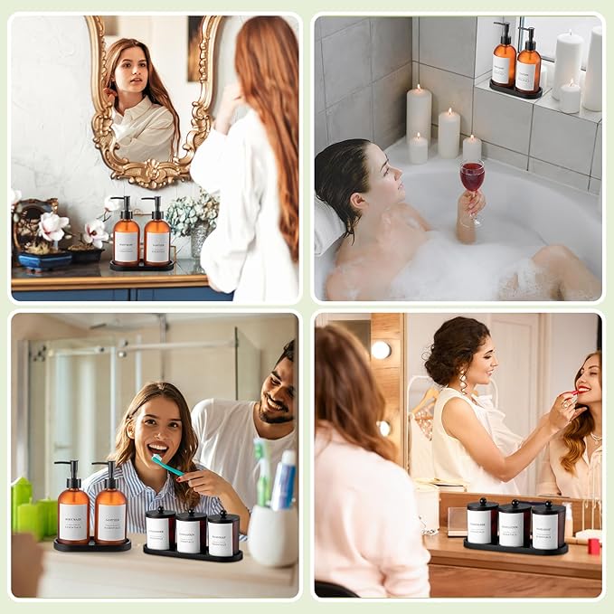 Yaomiao 5 Pack Bathroom Accessories Set, Modern Bathroom Decor Sets, Glass Liquid Soap Dispenser, Vanity Tray, Toothbrush Holder, Cotton Swab Jars with Lids for Sink Countertop(Amber,Frosted)