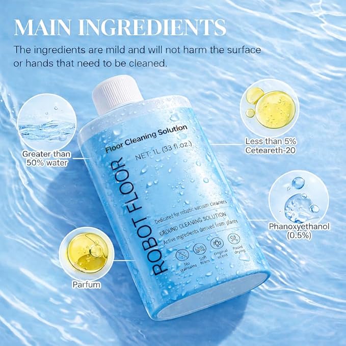 Floor Cleaning Solution, 1L Mop Soap Highly Scented Fragrance Compatible with Roborock Cleaning Solution, Residue & Streak Free, Suitable for All Robot Vacuum Cleaners and All Mop Types, 33OZ