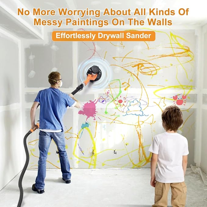 Electric Drywall Sander, 2200RPM Drywall Sander with Vacuum, 1000W Automatic Dust Collector with LED Light, Foldable Popcorn Ceiling Removal Tool with 6 Variable Speed &15Pcs Sanding Discs