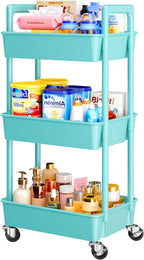 Pipishell 3 Tier Rolling Cart Organizer, Plastic Rolling Cart with Lockable Wheels & Reinforced Handle, Lightweight Utility Cart Storage Cart for Nursery, Kitchen, Bathroom, Craft Room, Turquoise