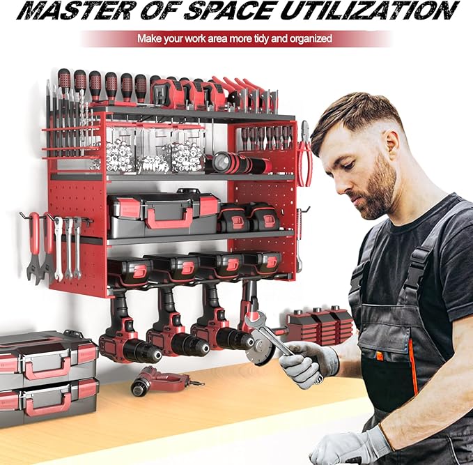 Power Tool Organizer Wall Mount, 4 Layers Tool Storage Rack with 2 Side Red Pegboards, 4 Drill Bit Rack,Heavy Duty Metal Garage Tool Shelf Organize for Workshop Garage Tool Room