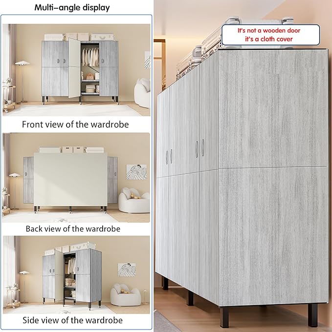 Heavy Duty Covered Clothes Rack with Magnetic Door Foldable Portable Wardrobe Closet for Hanging Clothing Rolling Black Metal Garment Rack on Wheels Closet System (Gray, 58.9in)