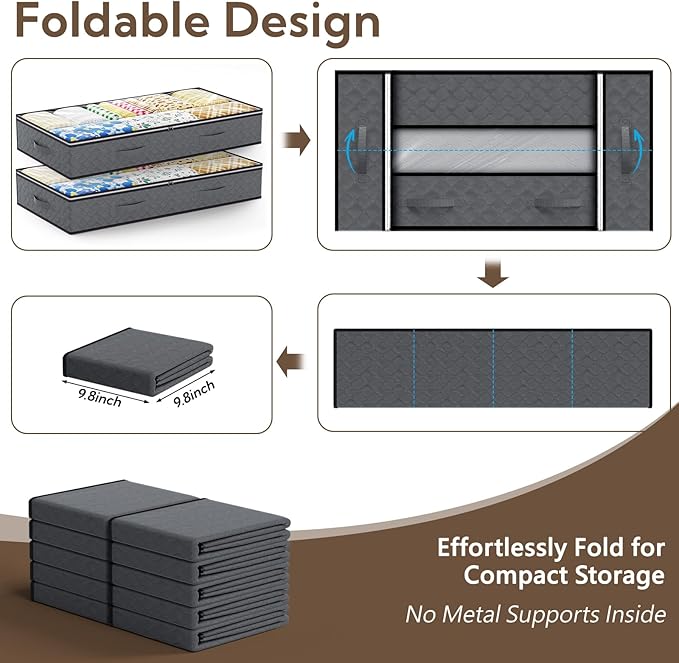 10 Pack Under Bed Storage Containers 90L Underbed Closet Organizer System Collapsible Storage Bins with Clear Window and Reinforced Handles for Bedding Pillows Blanket Towels Clothes Wardrobe Bedroom