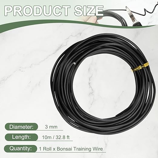 Bonsai Training Wire, 3 mm x 32.8 ft Anodized Aluminum Floral Plant Training Wire Bendable Metal Stems Accessories for Gardening Branch Fixing Crafts (Black)