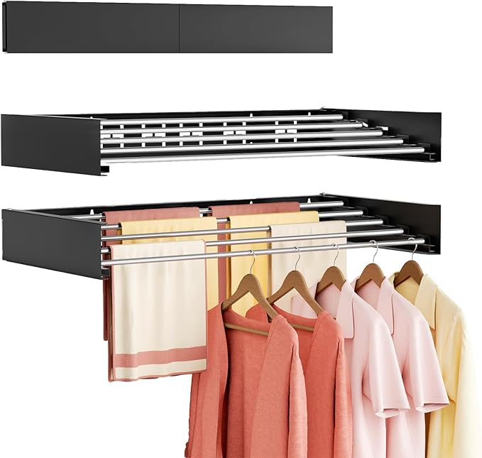 Wall Mounted Clothes Drying Rack Folding Indoor, Foldable Laundry Drying Rack Collapsible,Invisible, Space Saving, Retractable Towel Drying Rack, with Wall Template(6 Drying Rods, Black 40")