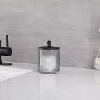 Gray Colored Tranlucent Apothecary Ribbed Geo Etched Glass Jar W/Matte Black Metal Lid Cover for Bathroom Organization, Cotton Balls, Q Tips, and Small Accessories, Bathroom Storage