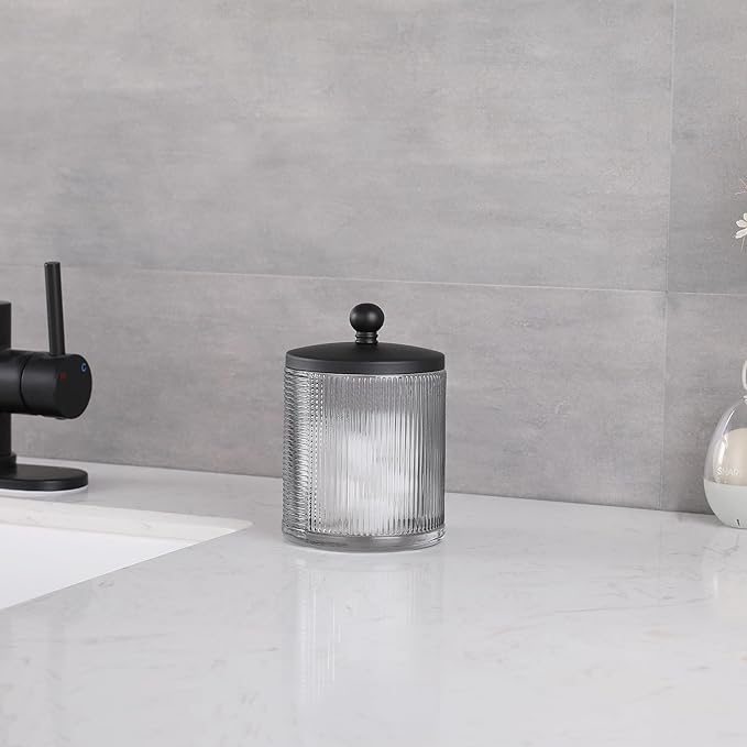 Gray Colored Tranlucent Apothecary Ribbed Geo Etched Glass Jar W/Matte Black Metal Lid Cover for Bathroom Organization, Cotton Balls, Q Tips, and Small Accessories, Bathroom Storage