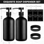 Black Glass Soap Dispenser with Stainless Steel Pump, 16.9 Fl oz Soap Dispenser Set for Kitchen, Matte Black Hand Dish Soap Dispensers for Kitchen and Bathroom, Lotion Dispenser Bathroom Decor