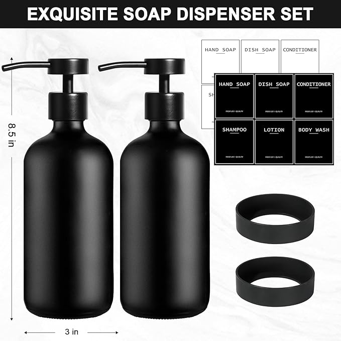 Black Glass Soap Dispenser with Stainless Steel Pump, 16.9 Fl oz Soap Dispenser Set for Kitchen, Matte Black Hand Dish Soap Dispensers for Kitchen and Bathroom, Lotion Dispenser Bathroom Decor