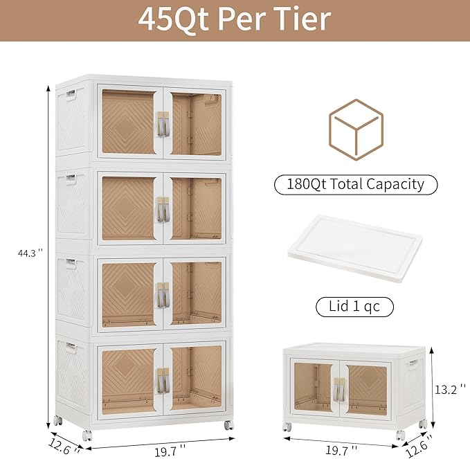 Large Clear Stackable Storage Bins with 2 Lids, 270QT-45QT*6Tier Foldable Cabinet for Closet Organizers, Plastic Storage Box with Wheels White