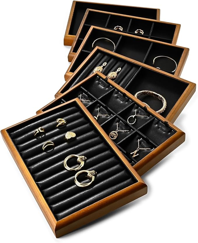 Oirlv Solid Wood 11 Slots Ring Tray Jewelry Organizer Tray Jewelry Drawer Organizer(Black)