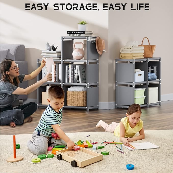 Mavivegue Book Shelf, 16 Cube Storage Organizer, DIY Bookcase, Metal Cube Bookshelf,Tall Book case for Bedroom, Living Room,Office,Closet Storage Organizer, Grey Cubicle Storage Rack