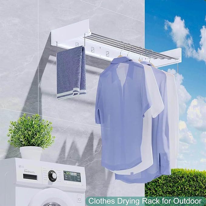 Wall Mounted Laundry Rack, Collapsible Clothes & Towel Drying Rack for Indoor & Outdoor, 40' W x 16.5 L Ft, 60 lb Capacity, White
