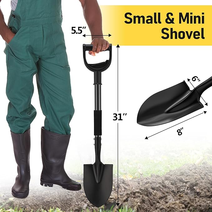 Shovel, Garden Shovel for Digging, 31 inch Small Shovels Heavy Duty Portable Mini Spade with Curved D-Handle for Gardening, Digging, Camping, Car, Kids Sand Beach Shovels