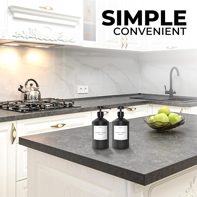 Luxury Glass Soap Dispenser Set of 2 - Elegant Glass Bottles with Matte Black Pumps, Ideal for Kitchen and Bathroom for Hand and Dish Soaps