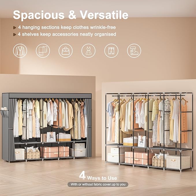 Portable Closets for Hanging Clothes, 83 Inch Large Capacity Wardrobe Closet, Freestanding Armario De Ropa Closet with Cover & 5 Hanging Rods & 10 Storage Shelves (Grey)