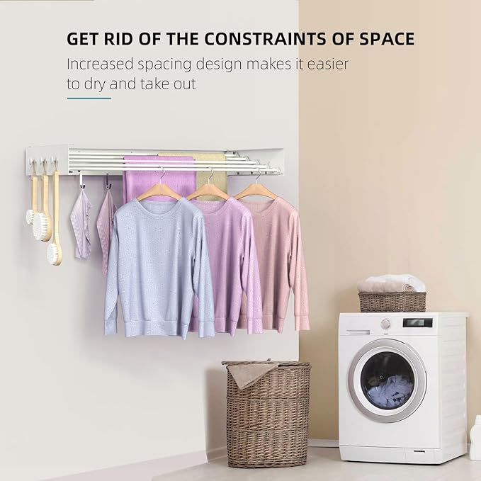 Drying Rack Clothing,Clothes Drying Rack Wall Mounted,Laundry Drying Rack Wall Mount,Foldable,Collapsible,60 lb Capacity 5 Aluminium Poles with 12 Hooks,Space Saving Clothes Drying Rack,White 40"